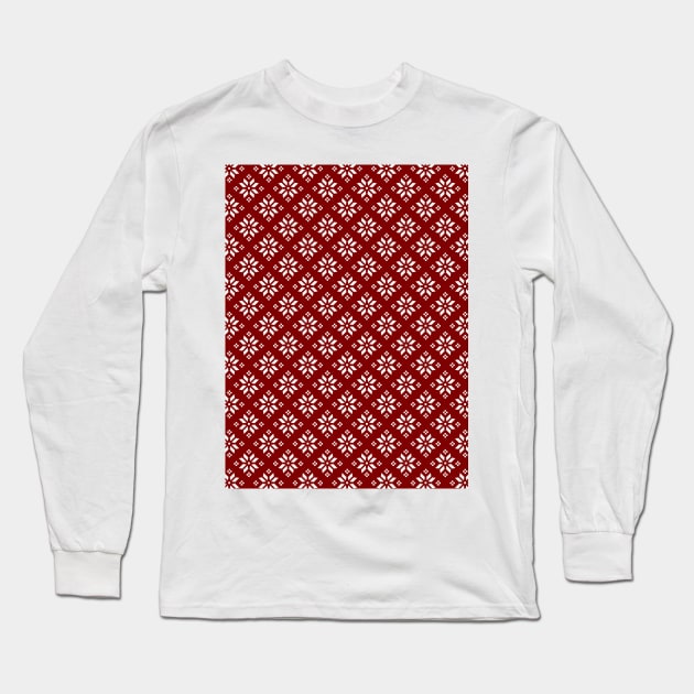 Dark Christmas Candy Apple Red with White Poinsettia Flowers Long Sleeve T-Shirt by podartist